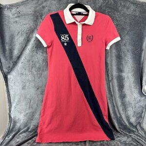 Tommy Hilfiger Polo Dress Coral Red Blue Banner Stripe Logo 85 Knit Medium M